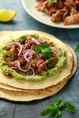 Fototapeta premium Mexican Corn tortilla with shredded Pork, avocado, red onion and jalapeno