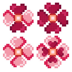 Set of pixel art pink and red flower isolated on a white background. Pixel art heart. Valentine day.