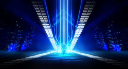 Dark empty abstract scene, rays of searchlights, neon blue light, highlights and lights. Night view of the scene, a tunnel with illumination. Dark background with spotlights.