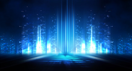 Dark empty abstract scene, rays of searchlights, neon blue light, highlights and lights. Night view of the scene, a tunnel with illumination. Dark background with spotlights.