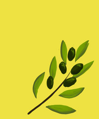 Fototapeta na wymiar Olive tree branch with leaves and berries with a yellow background