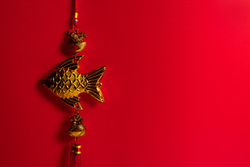 chinese happy new year holiday season greeting festival red background with gold luxury vintage oriental native hanging docoration, traditional happiness event concept