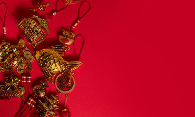 chinese happy new year holiday season greeting festival red background with gold luxury vintage oriental native hanging docoration, traditional happiness event concept