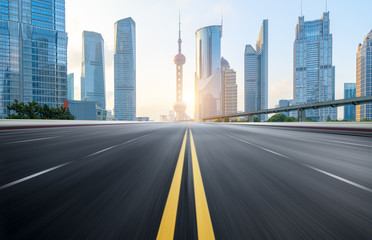 Dynamic blurry highway and city skyline in Shanghai, China