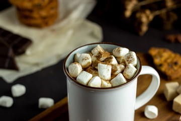 Hot chocolate with marshmallows in a white mug on a rusty background. Winter. Recipes.