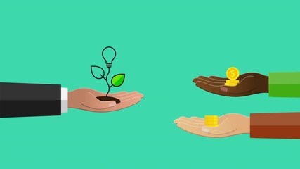 Crowdfunding concept. Hand holding light bulb as idea symbol and others giving money. After receiving funding the bulb gets to shine brightly. Animation in flat design.