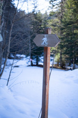 panneau en bois qui indique un itinéraire de raquette en hiver 