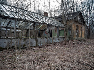 Dilapidated abandoned buildings in a city forest park