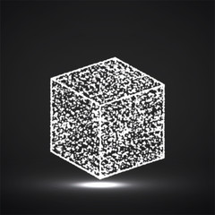 Abstract cube with glowing particles. Geometric luminous shape