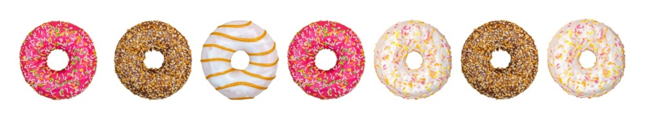 A row of glazed doughnuts on a white isolated background