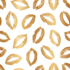 Seamless pattern gold lips traces. Beautiful background lipstick kisses. Romantic Imprint lips. Design for wrapping paper, gift wrapper, wallpaper, prints. Sparkle texture glitterer golden lip gloss