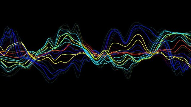 3d render of bright colorful 3d lines. Sound waves concept. Abstract background with deformed lines. Loopable animation.
