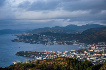 Fototapeta na wymiar Beautiful norwegian nature. View of Bergen and fjord. Cloudy foggy weather. Scandinavia.