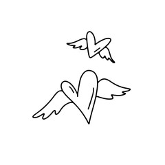 Obraz premium Hand drawn doodle set heart with wings isolated on white background. Line art vector design.Template for stickers, greeting scrapbooking, congratulations, invitations, wedding, tattoo