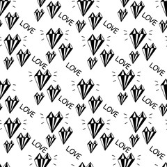 Seamless pattern with crystal heart, diamond, gemstone isolated on white background. Best for banners, wedding, Valentines day, greeting card,wrapping, wallpaper, congratulations, invitation