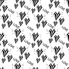 Seamless pattern with crystal heart, diamond, gemstone isolated on white background. Best for banners, wedding, Valentines day, greeting card,wrapping, wallpaper, congratulations, invitation