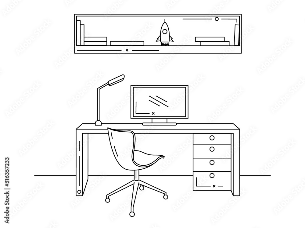 Poster office in a linear style. workplace with a computer. vector