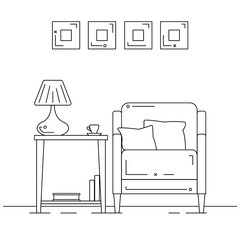 Armchair with pillows, a table with a table lamp. Vector illustration
