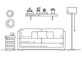 Vector illustration in a linear style. Sofa, bedside table, floor lamp and shelf with plants.