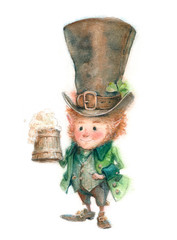 Naklejka premium Watercolor illustration of leprechaun in a big hat, St. Patrick's day