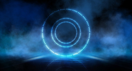 Tunnel in blue neon light, underground passage. Abstract blue background. Background of an empty black corridor with neon light. Abstract background with lines and glow