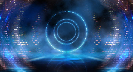 Tunnel in blue neon light, underground passage. Abstract blue background. Background of an empty black corridor with neon light. Abstract background with lines and glow