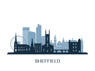 Sheffield skyline, monochrome silhouette. Vector illustration.