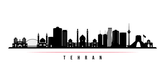 Naklejka premium Tehran skyline horizontal banner. Black and white silhouette of Tehran, Iran. Vector template for your design.