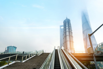 Skywalk escalators and skyscrapers in lujiazui, Shanghai, China