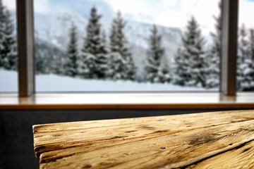Desk of free space and winter landscape 