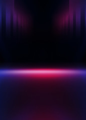 Empty dark abstract background. Background of empty show scene. Glow of neon lights and neon figures on an empty concert stage. Reflection of light on the pavement.