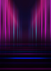Empty dark abstract background. Background of empty show scene. Glow of neon lights and neon figures on an empty concert stage. Reflection of light on the pavement.