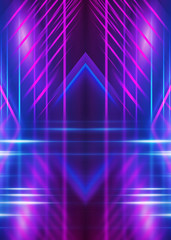 Empty dark abstract background. Background of empty show scene. Glow of neon lights and neon figures on an empty concert stage. Reflection of light on the pavement.