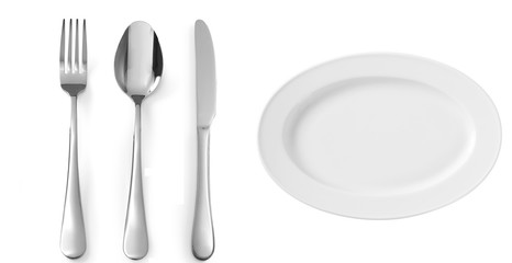 Empty plate with spoon, fork and knife stainless steel isolated on white background, top view