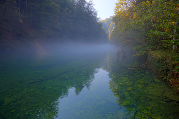 Fototapeta na wymiar Morning mist on the Kamačnik River, Croatia
