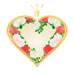 Label golden heart with a crown  of pink and white roses  and buds  valentine's day festive background vintage