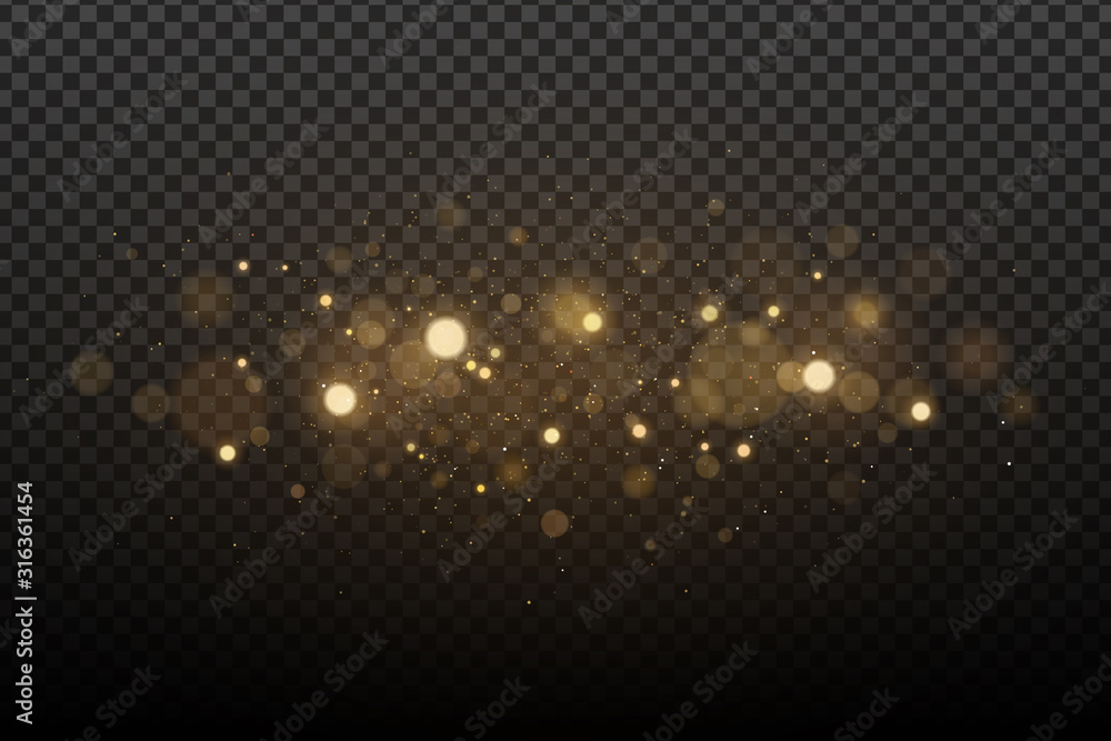 Wall mural Abstract magical stylish light effect with golden glares bokeh on a transparent background. Christmas glow. Glowing flying dust. Vector illustration