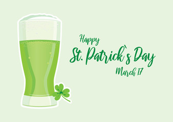 Happy Saint Patrick's Day with green beer vector. Glass of green beer vector. Pint of green beer icon. Saint Patricks Day Poster, March 17. Important day