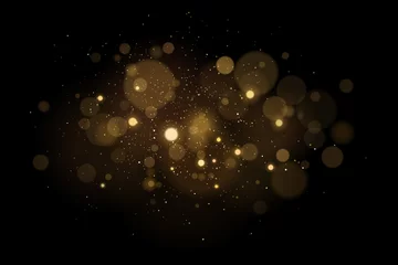 Fotobehang Abstract magical light effect with golden glares bokeh on a black background. Christmas lights. Glowing flying dust. Vector illustration © sersupervector