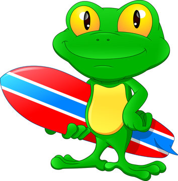 Green frog cartoon holding surfing board