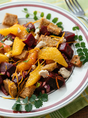 Beet and Rye Bread Panzanilla with Oranges and Vegan Feta