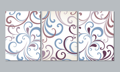Set of 3 canvases for wall decoration in the living room, office, bedroom, kitchen, office. Home decor of the walls. Floral background with curls. Element for design. 