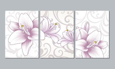 Set of 3 canvases for wall decoration in the living room, office, bedroom, kitchen, office. Home decor of the walls. Floral background with flowers of lily. Element for design. 