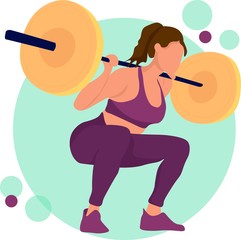 Young girl gym exercise sport athletet vector illustration. Training performance gym . Championship workout beautiful character. Women with barbell, flat vector .
