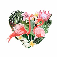 Exotic pink flamingo birds couple with leaves and flowers. Beal to beak. Heart shape. Mating season. Detailed design illustration. Valentine.