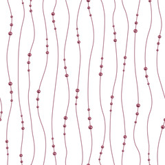 Pearl necklace. Seamless pattern. Chains of pink pearls forming an ornament. Realistic strands of white pearls, decorative element for cards, wedding invitations. Threads of pearls. Red necklace