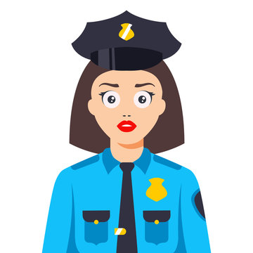 nice girl in blue uniform works in police. Flat character vector illustration.