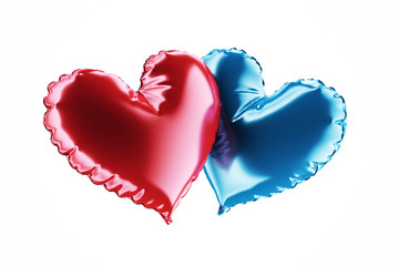 Two color Balloons. Blue and red  heart shaped foil balloons isolated on white background. Love....