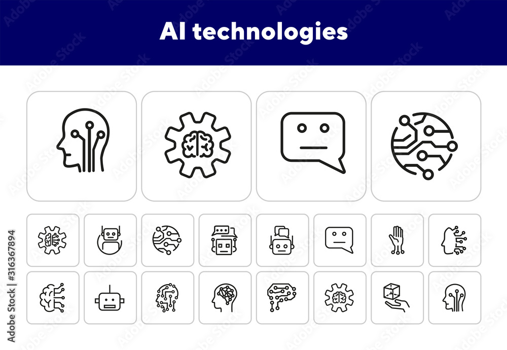 Poster ai technologies line icon set. brain, bot, algorithm, circuit board. artificial intelligence concept