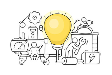 Cartoon little people with lamp idea..